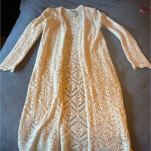 NWT Freshman 1964 White Cream Boho Crochet Knit Long Cardigan Sweater Kimono